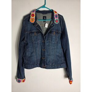 Upcycled Gap‎ Denim Jacket Crochet Trim Skull Patch Unique Jean Jacket Boho Chic